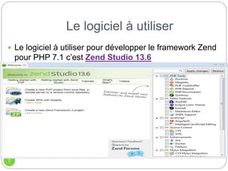 Le logiciel à utiliser
7
 Le logiciel à utiliser pour développer le framework Zend
pour PHP 7.1 c’est Zend Studio 13.6
 