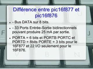 Différence entre pic16f877 et
pic16f876





- Bus DATA sur 8 bits.
- 33 Ports Entrée-Sortie bidirectionnels
pouvant produire 25 mA par sortie.
PORTA = 6 bits et PORTB PORTC et
PORTD = 8bits PORTE = 3 bits pour le
16F877 et 22 I/O seulement pour le
16F876.

 