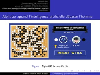 Introduction
Apprentissage par renforcement
Processus de Décision de Markov
Forme d’Apprentissage par renforcement
Application de l’apprentissage par renforcement : AlphaGo
conclusion
AlphaGo :quand l’intelligence artiﬁcielle dépasse l’homme
Figure : AlphaGO écrase Ke Jie
Selmi Sameh et Rhimi Hassen Apprentissage par renforcement
 