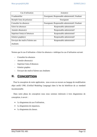 Mini-projetJAVA/BD ESPRIT/2013
DIA/TIANI TEL 4B1 Page 12
Cas d’utilisation Acteur(s)
S’authentifier Enseignant, Responsable administratif, Etudiant
Remplir listes de présence Enseignant
Consulter les absences Enseignant, Responsable administratif, Etudiant
Gérer les absences Responsable administratif
Annuler absence(s) Responsable administratif
Imprimer liste(s) d’absences Responsable administratif
Générer graphe(s) Responsable administratif
Envoyer des mails d’alertes aux
étudiants
Responsable administratif
Notons que le cas d’utilisation « Gérer les absences » imbrique les cas d’utilisation suivant:
- Consulter les absences
- Annuler absence(s)
- Imprimer listes d’absences
- Générer graphes
- Envoyer des mails d’alertes aux étudiants
II. Conception
Pour la conception de notre application, nous avons eu recours au langage de modélisation
objet unifié UML (Unified Modeling Language) dans le but de bénéficier de ce standard
incontournable.
Dans notre phase de conception nous nous sommes intéressés à trois diagrammes de
conception, à savoir :
 Le diagramme de cas d’utilisation,
 Le diagramme de séquences,
 Le diagramme de classes.
 