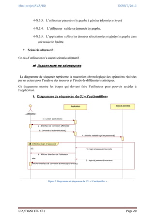 Mini-projetJAVA/BD ESPRIT/2013
DIA/TIANI TEL 4B1 Page 20
4-N.5.3. L’utilisateur paramètre le graphe à générer (données et type)
4-N.5.4. L’utilisateur valide sa demande de graphe.
4-N.5.5. L’application collète les données sélectionnées et génère le graphe dans
une nouvelle fenêtre.
 Scénario alternatif :
Ce cas d’utilisation n’a aucun scénario alternatif
b) Diagramme de séquences
Le diagramme de séquence représente la succession chronologique des opérations réalisées
par un acteur pour l’analyse des mesures et l’étude de différentes statistiques.
Ce diagramme montre les étapes qui doivent faire l’utilisateur pour pouvoir accéder à
l’application.
1. Diagramme de séquences du CU « S’authentifier»
Figure 3 Diagramme de séquences du CU « S’authentifier »
vérification login et passwordalt
[if][if]
: Utilisateur
Application Base de données
1 : Lancer application()
2 : Interface de connexion afficher()
3 : Demande d'authentification()
4 : Vérifier validité login et password()
5 : login et password corrects
6 : Afficher Interface de l'utilisateur
else
7 : login et password incorrects
8 : Afficher interface de connexion et message d'erreur()
 