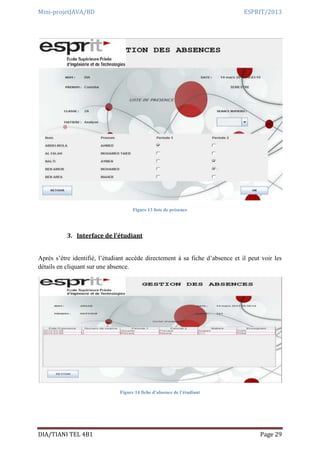 Mini-projetJAVA/BD ESPRIT/2013
DIA/TIANI TEL 4B1 Page 29
Figure 13 liste de présence
3. Interface de l’étudiant
Après s’être identifié, l’étudiant accède directement à sa fiche d’absence et il peut voir les
détails en cliquant sur une absence.
Figure 14 fiche d’absence de l’étudiant
 