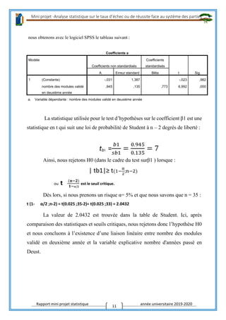 Mini projet -Analyse statistique sur le taux d’échec ou de réussite face au système des parties
Rapport mini projet statistique année universitaire 2019-2020
11
nous obtenons avec le logiciel SPSS le tableau suivant :
La statistique utilisée pour le test d’hypothèses sur le coefficient β1 est une
statistique en t qui suit une loi de probabilité de Student à n – 2 degrés de liberté :
tb1 =
𝑏1
𝑠𝑏1
=
0.945
0.135
= 7
Ainsi, nous rejetons H0 (dans le cadre du test surβ1 ) lorsque :
| tb1|≥ t(1−
α
2
;n−2)
ou t (𝒏−𝟐)
𝟏− 𝛂/𝟐
est le seuil critique.
Dès lors, si nous prenons un risque α= 5% et que nous savons que n = 35 :
t (1- α/2 ;n-2) = t(0.025 ;35-2)= t(0.025 ;33) = 2.0432
La valeur de 2.0432 est trouvée dans la table de Student. Ici, après
comparaison des statistiques et seuils critiques, nous rejetons donc l’hypothèse H0
et nous concluons à l’existence d’une liaison linéaire entre nombre des modules
validé en deuxième année et la variable explicative nombre d'années passé en
Deust.
Coefficients a
Modèle
Coefficients non standardisés
Coefficients
standardisés
t Sig.A Erreur standard Bêta
1 (Constante) -,031 1,387 -,023 ,982
nombre des modules validé
en deuxième année
,945 ,135 ,773 6,992 ,000
a. Variable dépendante : nombre des modules validé en deuxième année
 