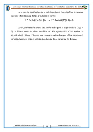 Mini projet -Analyse statistique sur le taux d’échec ou de réussite face au système des parties
Rapport mini projet statistique année universitaire 2019-2020
12
Le niveau de signification de la statistique t peut être calculé de la manière
suivante (dans le cadre du test d’hypothèses surβ1 ) :
2 * Prob (t(n-2)≥ |tb1 |) = 2 * Prob (t(35)≥7) = 0
Ainsi, comme nous avons une valeur nulle pour la significativité (Sig. =
0), la liaison entre les deux variables est très significative. Cette notion de
significativité (faisant référence aux valeurs trouvées dans des tables statistiques)
sera régulièrement citée et utilisée dans la suite de ce travail de fin d’étude.
 