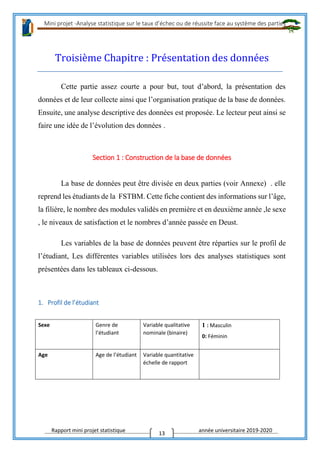 Mini projet -Analyse statistique sur le taux d’échec ou de réussite face au système des parties
Rapport mini projet statistique année universitaire 2019-2020
13
Troisième Chapitre : Présentation des données
Cette partie assez courte a pour but, tout d’abord, la présentation des
données et de leur collecte ainsi que l’organisation pratique de la base de données.
Ensuite, une analyse descriptive des données est proposée. Le lecteur peut ainsi se
faire une idée de l’évolution des données .
Section 1 : Construction de la base de données
La base de données peut être divisée en deux parties (voir Annexe) . elle
reprend les étudiants de la FSTBM. Cette fiche contient des informations sur l’âge,
la filière, le nombre des modules validés en première et en deuxième année ,le sexe
, le niveaux de satisfaction et le nombres d’année passée en Deust.
Les variables de la base de données peuvent être réparties sur le profil de
l’étudiant, Les différentes variables utilisées lors des analyses statistiques sont
présentées dans les tableaux ci-dessous.
1. Profil de l’étudiant
Sexe Genre de
l’étudiant
Variable qualitative
nominale (binaire)
1 : Masculin
0: Féminin
Age Age de l’étudiant Variable quantitative
échelle de rapport
 