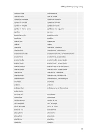 FONTE: portaldalinguaportuguesa.org



canto-do-cisne            canto do cisne

capa-de-chuva             capa de chuva

capitão-de-bandeira       capitão de bandeira

capitão-de-corveta        capitão de corveta

capitão-de-fragata        capitão de fragata

capitão-de-mar-e-guerra   capitão de mar e guerra

capróico                  caproico

caquecticamente           caqueticamente

caquéctico                caquético

cara-de-pau               cara de pau

carácter                  caráter

caracterial               caracterial, caraterial

característica            característica, caraterística

caracteristicamente       caracteristicamente, carateristicamente

característico            característico, caraterístico

caracterização            caracterização, caraterização

caracterizador            caracterizador, caraterizador

caracterizadora           caracterizadora, caraterizadora

caracterizante            caracterizante, caraterizante

caracterizar              caracterizar, caraterizar

caracterizável            caracterizável, caraterizável

caracterológico           caracterológico, caraterológico

carcinóide                carcinoide

cardióide                 cardioide

cardiopunctura            cardiopuntura, cardiopunctura

cardiorréctico

carne-de-sol              carne de sol

carotenóide               carotenoide

carreira-de-tiro          carreira de tiro

carta-de-prego            carta de prego

cartão-de-visita          cartão de visita

casca-de-noz              casca de noz

catabaptismo              catabatismo

catabaptista              catabatista

catafiláctico             catafilático

cataléctico               catalético



                                                                                17
 