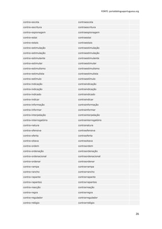 FONTE: portaldalinguaportuguesa.org



contra-escota           contraescota

contra-escritura        contraescritura

contra-espionagem       contraespionagem

contra-estai            contraestai

contra-estais           contraestais

contra-estimulação      contraestimulação

contra-estimulação      contraestimulação

contra-estimulante      contraestimulante

contra-estimular        contraestimular

contra-estimulismo      contraestimulismo

contra-estimulista      contraestimulista

contra-estímulo         contraestímulo

contra-indicação        contraindicação

contra-indicação        contraindicação

contra-indicado         contraindicado

contra-indicar          contraindicar

contra-informação       contrainformação

contra-informar         contrainformar

contra-interpelação     contrainterpelação

contra-interrogatório   contrainterrogatório

contra-natura           contranatura

contra-ofensiva         contraofensiva

contra-oferta           contraoferta

contra-oitava           contraoitava

contra-ordem            contraordem

contra-ordenação        contraordenação

contra-ordenacional     contraordenacional

contra-ordenar          contraordenar

contra-rampa            contrarrampa

contra-rancho           contrarrancho

contra-rapante          contrarrapante

contra-rapantes         contrarrapantes

contra-reacção          contrarreação

contra-regra            contrarregra

contra-regulador        contrarregulador

contra-relógio          contrarrelógio



                                                                             26
 