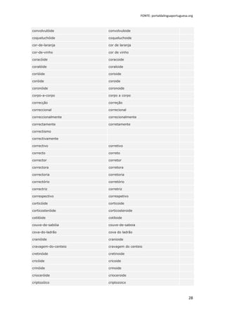 FONTE: portaldalinguaportuguesa.org



convolvulóide         convolvuloide

coqueluchóide         coqueluchoide

cor-de-laranja        cor de laranja

cor-de-vinho          cor de vinho

coracóide             coracoide

coralóide             coraloide

corióide              corioide

coróide               coroide

coronóide             coronoide

corpo-a-corpo         corpo a corpo

correcção             correção

correccional          correcional

correccionalmente     correcionalmente

correctamente         corretamente

correctismo

correctivamente

correctivo            corretivo

correcto              correto

corrector             corretor

correctora            corretora

correctoria           corretoria

correctório           corretório

correctriz            corretriz

correspectivo         correspetivo

corticóide            corticoide

corticosteróide       corticosteroide

cotilóide             cotiloide

couve-de-sabóia       couve-de-saboia

cova-do-ladrão        cova do ladrão

cranióide             cranioide

cravagem-do-centeio   cravagem do centeio

cretinóide            cretinoide

cricóide              cricoide

crinóide              crinoide

crioceróide           crioceroide

criptozóico           criptozoico



                                                                         28
 