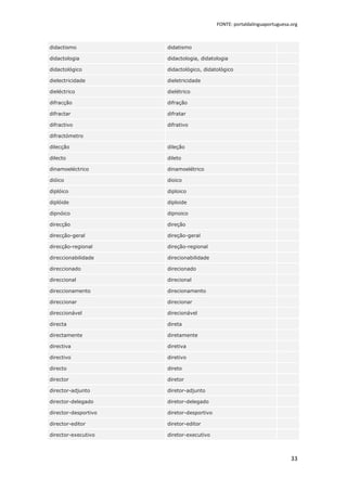 FONTE: portaldalinguaportuguesa.org



didactismo            didatismo

didactologia          didactologia, didatologia

didactológico         didactológico, didatológico

dielectricidade       dieletricidade

dieléctrico           dielétrico

difracção             difração

difractar             difratar

difractivo            difrativo

difractómetro

dilecção              dileção

dilecto               dileto

dinamoeléctrico       dinamoelétrico

dióico                dioico

diplóico              diploico

diplóide              diploide

dipnóico              dipnoico

direcção              direção

direcção-geral        direção-geral

direcção-regional     direção-regional

direccionabilidade    direcionabilidade

direccionado          direcionado

direccional           direcional

direccionamento       direcionamento

direccionar           direcionar

direccionável         direcionável

directa               direta

directamente          diretamente

directiva             diretiva

directivo             diretivo

directo               direto

director              diretor

director-adjunto      diretor-adjunto

director-delegado     diretor-delegado

director-desportivo   diretor-desportivo

director-editor       diretor-editor

director-executivo    diretor-executivo



                                                                           33
 