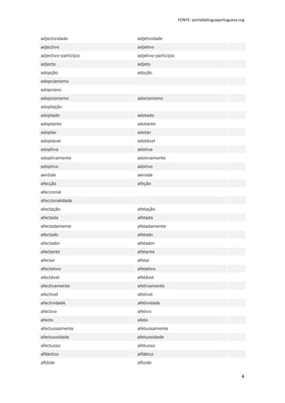 FONTE: portaldalinguaportuguesa.org



adjectividade          adjetividade

adjectivo              adjetivo

adjectivo-particípio   adjetivo-particípio

adjecto                adjeto

adopção                adoção

adopcianismo

adopciano

adopcionismo           adocionismo

adoptação

adoptado               adotado

adoptante              adotante

adoptar                adotar

adoptável              adotável

adoptiva               adotiva

adoptivamente          adotivamente

adoptivo               adotivo

aeróide                aeroide

afecção                afeção

afeccional

afeccionalidade

afectação              afetação

afectada               afetada

afectadamente          afetadamente

afectado               afetado

afectador              afetador

afectante              afetante

afectar                afetar

afectativo             afetativo

afectável              afetável

afectivamente          afetivamente

afectível              afetível

afectividade           afetividade

afectivo               afetivo

afecto                 afeto

afectuosamente         afetuosamente

afectuosidade          afetuosidade

afectuoso              afetuoso

afiláctico             afilático

aftóide                aftoide


                                                                              4
 