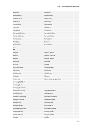 FONTE: portaldalinguaportuguesa.org



hipozóico            hipozoico

histeropéctico       histeropético

holantárctico        holantártico

holárctico           holárctico

holoturióide         holoturioide

holozóico            holozoico

homalóide            homaloide

homeocataléctico     homeocatalético

homeocatalecto       homeocataleto

homeozóico           homeozoico

homóide              homoide

humanóide            humanoide


I
ictérica             ictérica, itérica

icterícia            icterícia, iterícia

ictérico             ictérico, itérico

icteróide            icteroide

ictióide             ictioide

idielectricidade     idieletricidade

idieléctrico         idielétrico

idioeléctrico        idioelétrico

idiolecto            idioleto

ignipunctura         ignipuntura, ignipunctura

imperceptibilidade

imperceptível

imperceptivelmente

imperfectibilidade   imperfectibilidade

imperfectível        imperfectível

imperfectivelmente   imperfectivelmente

imperfectividade     imperfectividade

imperfectivo         imperfectivo

imputrefacção        imputrefação

imunoelectroforese   imunoeletroforese

imunorreacção        imunorreação

imunorreactivo       imunorreativo

inacção              inação


                                                                           50
 