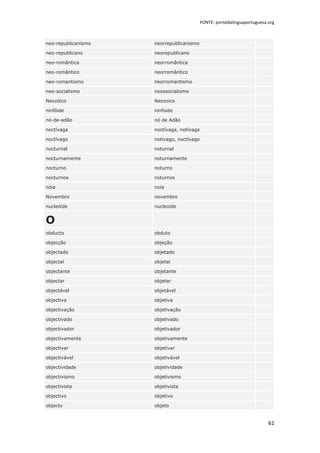 FONTE: portaldalinguaportuguesa.org



neo-republicanismo   neorrepublicanismo

neo-republicano      neorepublicano

neo-romântica        neorromântica

neo-romântico        neorromântico

neo-romantismo       neorromantismo

neo-socialismo       neossocialismo

Neozóico             Neozoico

ninfóide             ninfoide

nó-de-adão           nó de Adão

noctívaga            noctívaga, notívaga

noctívago            notívago, noctívago

nocturnal            noturnal

nocturnamente        noturnamente

nocturno             noturno

nocturnos            noturnos

nóia                 noia

Novembro             novembro

nucleóide            nucleoide


O
obducto              obduto

objecção             objeção

objectado            objetado

objectal             objetal

objectante           objetante

objectar             objetar

objectável           objetável

objectiva            objetiva

objectivação         objetivação

objectivado          objetivado

objectivador         objetivador

objectivamente       objetivamente

objectivar           objetivar

objectivável         objetivável

objectividade        objetividade

objectivismo         objetivismo

objectivista         objetivista

objectivo            objetivo

objecto              objeto


                                                                           61
 