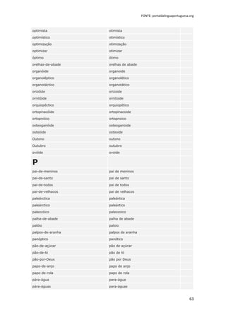 FONTE: portaldalinguaportuguesa.org



optimista          otimista

optimístico        otimístico

optimização        otimização

optimizar          otimizar

óptimo             ótimo

orelhas-de-abade   orelhas de abade

organóide          organoide

organoléptico      organolético

organotáctico      organotático

orizóide           orizoide

ornitóide          ornitoide

orquiopéctico      orquiopético

ortopinacóide      ortopinacoide

ortopnóico         ortopnoico

osteoganóide       osteoganoide

osteóide           osteoide

Outono             outono

Outubro            outubro

ovóide             ovoide


P
pai-de-meninos     pai de meninos

pai-de-santo       pai de santo

pai-de-todos       pai de todos

pai-de-velhacos    pai de velhacos

paleárctica        paleártica

paleárctico        paleártico

paleozóico         paleozoico

palha-de-abade     palha de abade

palóio             paloio

palpos-de-aranha   palpos de aranha

panóptico          panótico

pão-de-açúcar      pão de açúcar

pão-de-ló          pão de ló

pão-por-Deus       pão por Deus

papo-de-anjo       papo de anjo

papo-de-rola       papo de rola

pára-água          para-água

pára-águas         para-águas


                                                                      63
 