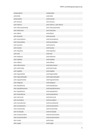 FONTE: portaldalinguaportuguesa.org



anteprojecto           anteprojeto

anteróide              anteroide

anterozóide            anterozoide

anti-heróico           anti-heroico

anti-ictérico          anti-ictérico, anti-itérico

anti-infecciosamente   anti-infeciosamente

anti-infeccioso        anti-infecioso

anti-rábico            antirrábico

anti-racional          antirracional

anti-racionalismo      antirracionalismo

anti-racionalista      antirracionalista

anti-racismo           antirracismo

anti-racista           antirracista

anti-raquítico         antirraquítico

anti-real              antirreal

anti-realismo          antirrealismo

anti-realista          antirrealista

anti-reflexo           antirreflexo

anti-reformismo        antirreformismo

anti-reformista        antirreformista

anti-regiões           antirregiões

anti-regionalista      antirregionalista

anti-regionalização    antirregionalização

anti-regulamentar      antirregulamentar

anti-religioso         antirreligioso

anti-republicana       antirrepublicana

anti-republicanismo    antirrepublicanismo

anti-republicano       antirrepublicano

anti-ressonância       antirressonância

anti-retroviral        antirretroviral

anti-reumático         antirreumático

anti-reumatismal       antirreumatismal

anti-revisionismo      antirrevisionismo

anti-revisionista      antirrevisionista

anti-revolução         antirrevolução

anti-revolucionária    antirrevolucionária

anti-revolucionário    antirrevolucionário

anti-roubo             antirroubo

anti-rugas             antirrugas


                                                                              7
 