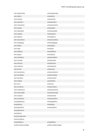 FONTE: portaldalinguaportuguesa.org



anti-salazarista         antissalazarista

anti-sátira              antissátira

anti-semita              antissemita

anti-semítico            antissemítico

anti-semitismo           antissemitismo

anti-sepsia              antissepsia

anti-sepsiador           antissepsiador

anti-sepsiar             antissepsiar

anti-séptico             antisséptico

anti-sezonático          antissezonático

anti-sialagogo           antissialagogo

anti-siálico             antissiálico

anti-sida                antissida

anti-sifilítico          antissifilítico

anti-sigma               antissigma

anti-simbólico           antissimbólico

anti-sinodal             antissinodal

anti-sísmico             antissísmico

anti-sistema             antissistema

anti-social              antissocial

anti-socialismo          antissocialismo

anti-socialista          antissocialista

anti-sociável            antissociável

anti-sofista             antissofista

anti-soro                antissoro

anti-soviético           antissoviético

anti-submarino           antissubmarino

anti-subversão           antissubversão

anti-sudoral             antissudoral

anti-sudorífico          antissudorífico

antiapopléctico          antiapoplético

antiatáctico             antiatático

anticaquéctico           anticaquético

anticepticismo

anticéptico

anticoncepcional

anticonceptivo

antiepiléptico           antiepilético

antiferroelectricidade   antiferroeletricidade


                                                                              8
 