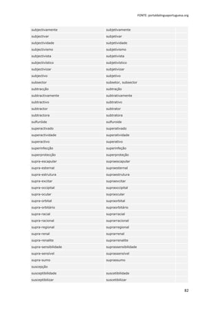 FONTE: portaldalinguaportuguesa.org



subjectivamente       subjetivamente

subjectivar           subjetivar

subjectividade        subjetividade

subjectivismo         subjetivismo

subjectivista         subjetivista

subjectivístico       subjetivístico

subjectivizar         subjetivizar

subjectivo            subjetivo

subsector             subsetor, subsector

subtracção            subtração

subtractivamente      subtrativamente

subtractivo           subtrativo

subtractor            subtrator

subtractora           subtratora

sulfuróide            sulfuroide

superactivado         superativado

superactividade       superatividade

superactivo           superativo

superinfecção         superinfeção

superprotecção        superproteção

supra-escapular       supraescapular

supra-esternal        supraesternal

supra-estrutura       supraestrutura

supra-excitar         supraexcitar

supra-occipital       supraoccipital

supra-ocular          supraocular

supra-orbital         supraorbital

supra-orbitário       supraorbitário

supra-racial          suprarracial

supra-racional        suprarracional

supra-regional        suprarregional

supra-renal           suprarrenal

supra-renalite        suprarrenalite

supra-sensibilidade   suprassensibilidade

supra-sensível        suprassensível

supra-sumo            suprassumo

suscepção

susceptibilidade      suscetibilidade

susceptibilizar       suscetibilizar


                                                                            82
 
