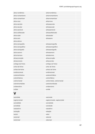 FONTE: portaldalinguaportuguesa.org



ultra-romântico     ultrarromântico

ultra-romantismo    ultrarromantismo

ultra-romantizar    ultrarromantizar

ultra-roxo          ultrarroxo

ultra-secreto       ultrassecreto

ultra-secular       ultrassecular

ultra-sensível      ultrassensível

ultra-sofisticado   ultrassofisticado

ultra-solar         ultrassolar

ultra-som           ultrassom

ultra-sónico

ultra-sonografia    ultrassonografia

ultra-sonográfico   ultrassonográfico

ultra-sonógrafo     ultrassonógrafo

ultra-sonoro        ultrassonoro

ultra-terreno       ultraterreno

ultracorrecção      ultracorreção

ultracorrecto       ultracorreto

umbigo-de-freira    umbigo de freira

unha-de-fome        unha de fome

unhas-de-fome       unhas de fome

unidireccional      unidirecional

ureterenfráctico    ureterenfrático

uretrofráctico      uretrofrático

uretrorrectal       uretrorretal, uretrorrectal

uretrotrombóide     uretrotromboide

urobenzóico         urobenzoico

uróide              uroide


V
vacinóide           vacinoide

vaginorrectal       vaginorrectal, vaginorretal

varicelóide         variceloide

variolóide          varioloide

vasoactivo          vasoativo

vectação            vetação

vector              vetor

vectorial           vetorial

vectorizar          vetorizar


                                                                        87
 