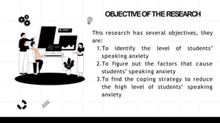OBJECTIVEOFTHERESEARCH
This research has several objectives, they
are:
1.To identify the level of students’
speaking anxiety
2.To figure out the factors that cause
students’ speaking anxiety
3.To find the coping strategy to reduce
the high level of students’ speaking
anxiety
 