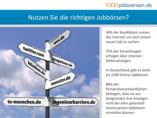Nutzen Sie die richtigen Jobbörsen?
                          94% der Kandidaten nutzen
                          das Internet um nach einem
                          neuen Job zu suchen.

                          72% der Einstellungen
                          erfolgen über Internet -
                          Stellenanzeigen.

                          In Deutschland gibt es mehr
                          als 1500 Online-Jobbörsen.

                          88% der
                          Personalverantwortlichen
                          beklagen, dass sie aus
                          Zeitgründen ihre Anzeigen
                          nicht bei allen potentiell
                          interessanten Jobbörsen
                          einstellen können.
 