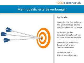 Mehr qualifizierte Bewerbungen
                       Ihre Vorteile

                       Sparen Sie Ihre Zeit, indem wir
                       Ihre Stellenanzeige optimal
                       veröffentlichen und betreuen.

                       Verbessern Sie den
                       Bewerberrücklauf durch eine
                       optimale Jobbörsen-Auswahl

                       Sparen Sie bis zu 60% der
                       Kosten durch unsere
                       Einkaufskonditionen

                       Der Service ist für
                       Unternehmen kostenlos.
 