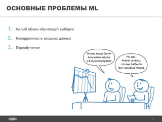 11
1. Малый объем обучающей выборки
2. Некорректность входных данных
3. Переобучение
ОСНОВНЫЕ ПРОБЛЕМЫ ML
 