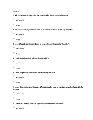 MiniQuiz
1. A la hora de crear un gráfico, Excel ordena los datos automáticamente.
Verdadero
Falso
2. Antes de crear un gráfico en Excel es necesario seleccionar el rango de datos.
Verdadero
Falso
3. Los gráficos disponibles en Excel se encuentran en la pestaña “Insertar”.
Verdadero
Falso
4. Excel tiene disponible solo un tipo de gráfico.
Verdadero
Falso
5. Todos los gráficos disponibles en Excel son parecidos.
Verdadero
Falso
6. Luego de seleccionar el tipo de gráfico adecuado, Excel lo insertará unaplanilla de cálculo
distinta.
Verdadero
Falso
7. Excel insertará el gráfico con algunas opciones predeterminadas.
Verdadero
 