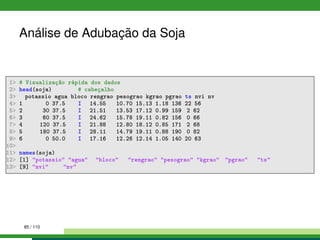 Análise de Adubação da Soja
1 # Visualização rápida dos dados
2 head(soja) # cabeçalho
3 potassio agua bloco rengrao pesograo kgrao pgrao ts nvi nv
4 1 0 37.5 I 14.55 10.70 15.13 1.18 136 22 56
5 2 30 37.5 I 21.51 13.53 17.12 0.99 159 2 62
6 3 60 37.5 I 24.62 15.78 19.11 0.82 156 0 66
7 4 120 37.5 I 21.88 12.80 18.12 0.85 171 2 68
8 5 180 37.5 I 28.11 14.79 19.11 0.88 190 0 82
9 6 0 50.0 I 17.16 12.26 12.14 1.05 140 20 63
10
11 names(soja)
12 [1] potassio agua bloco rengrao pesograo kgrao pgrao ts
13 [9] nvi nv
85 / 110
 