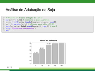 Análise de Adubação da Soja
1 # Gráficos de barras (adição de texto)
2 par(mfrow=c(1,1)) # restaura a janela gráfica
3 pot.m - with(soja, tapply(rengrao, potassio, mean))
4 bp - barplot(pot.m) # alterar para ylim=c(0,32)
5 text(bp, pot.m, label=round(pot.m, 3), pos=3) # pos=3
6 title(Médias dos tratamentos)
7 box()
94 / 110
 