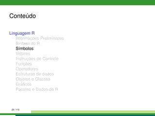 Conteúdo
Linguagem R
Informações Preliminares
Sintaxe do R
Símbolos
Vetores
Instruções de Controle
Funções
Operadores
Estruturas de dados
Objetos e Classes
Gráﬁcos
Pacotes e Dados do R
25 / 110
 
