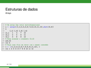 Estruturas de dados
Arrays
1 # Um array éum vetor multidimensional
2 a - array(c(1,2,3,4,5,6,7,8,9,10,11,12),dim=c(3,4))
3 a
4 [,1] [,2] [,3] [,4]
5 [1,] 1 4 7 10
6 [2,] 2 5 8 11
7 [3,] 3 6 9 12
8 # Para acessar o elemento [2,2]
9 a[2,2]
10 [1] 5
11 # Veja como fica um vetor com o mesmo conteúdo
12 v - c(1,2,3,4,5,6,7,8,9,10,11,12); v
13 [1] 1 2 3 4 5 6 7 8 9 10 11 12
41 / 110
 