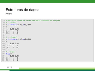 Estruturas de dados
Arrays
1 # Uma outra forma de criar uma matriz éusando as funções
2 # -- rbind()
3 m - rbind(c(1,4),c(2,-3))
4 m
5 [,1] [,2]
6 [1,] 1 4
7 [2,] 2 -3
8
9 # -- cbind()
10 n - cbind(c(1,4),c(2,-3))
11 n
12 [,1] [,2]
13 [1,] 1 2
14 [2,] 4 -3
15
16 # --diag()
17 diag(2)
18 [,1] [,2]
19 [1,] 1 0
20 [2,] 0 1
45 / 110
 