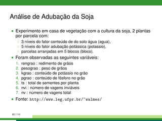 Análise de Adubação da Soja
Experimento em casa de vegetação com a cultura da soja, 2 plantas
por parcela com:
3 níveis do fator conteúdo de do solo água (agua),
5 níveis do fator adubação potássica (potassio),
parcelas arranjadas em 5 blocos (bloco).
Foram observadas as seguintes variáveis:
1. rengrao : redimento de grãos
2. pesograo : peso de grãos
3. kgrao : conteúdo de potássio no grão
4. pgrao : conteúdo de fósforo no grão
5. ts : total de sementes por planta
6. nvi : número de vagens inviáveis
7. nv : número de vagens total
Fonte: http://www.leg.ufpr.br/~walmes/
83 / 110
 