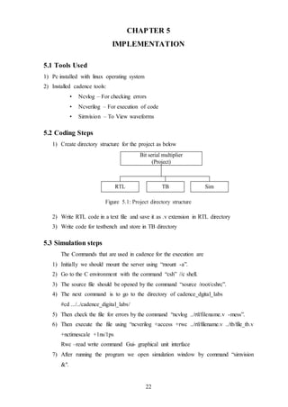 22
CHAPTER 5
IMPLEMENTATION
5.1 Tools Used
1) Pc installed with linux operating system
2) Installed cadence tools:
• Ncvlog – For checking errors
• Ncverilog – For execution of code
• Simvision – To View waveforms
5.2 Coding Steps
1) Create directory structure for the project as below
Figure 5.1: Project directory structure
2) Write RTL code in a text file and save it as .v extension in RTL directory
3) Write code for testbench and store in TB directory
5.3 Simulation steps
The Commands that are used in cadence for the execution are
1) Initially we should mount the server using “mount -a”.
2) Go to the C environment with the command “csh” //c shell.
3) The source file should be opened by the command “source /root/cshrc”.
4) The next command is to go to the directory of cadence_dgital_labs
#cd .../../cadence_digital_labs/
5) Then check the file for errors by the command “ncvlog ../rtl/filename.v -mess”.
6) Then execute the file using “ncverilog +access +rwc ../rtl/filename.v ../tb/file_tb.v
+nctimescale +1ns/1ps
Rwc –read write command Gui- graphical unit interface
7) After running the program we open simulation window by command “simvision
&".
 