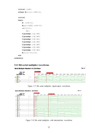 27
initial clk=0;
always #period clk=~clk;
initial
begin
#2 rst=1'b1;
#(period/2) rst=1'b0;
a=4'b1101;
b=1;
@(posedge clk) b=0;
@(posedge clk) b=0;
@(posedge clk) b=1;
@(posedge clk) b=0;
@(posedge clk) b=0;
@(posedge clk) b=0;
@(posedge clk) b=0;
#period $finish;
end
endmodule
5.11 Bit-serial multiplier waveforms
Figure 5.7: Bit serial multiplier input/output waveforms
Figure 5.8: Bit serial multiplier with intermediate waveforms
 