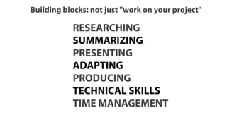 Building blocks: not just "work on your project"
RESEARCHING
SUMMARIZING
PRESENTING
ADAPTING
PRODUCING
TECHNICAL SKILLS
TIME MANAGEMENT
 