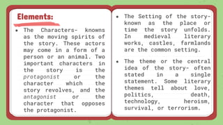 ● The Characters- knowns
as the moving spirits of
the story. These actors
may come in a form of a
person or an animal. Two
important characters in
the story is the
protagonist or the
character which the
story revolves, and the
antagonist or the
character that opposes
the protagonist.
Elements: ● The Setting of the story-
known as the place or
time the story unfolds.
In medieval literary
works, castles, farmlands
are the common setting.
● The theme or the central
idea of the story- often
stated in a single
statement. Some literary
themes tell about love,
politics, death,
technology, heroism,
survival, or terrorism.
 