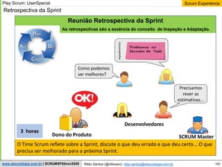 103
Scrum Experience
Rildo Santos (@rildosan) rildo.santos@etecnologia.com.br
www.etecnologia.com.br | SCRUMXP20nov2020
Retrospectiva da Sprint
O Time Scrum reflete sobre a Sprint, discute o que deu errado e que deu certo... O que
precisa ser melhorado para a próxima Sprint.
Problemas no
Servidor de Teste
impedimentos
Reunião Retrospectiva da Sprint
As retrospectivas são a essência do conceito de Inspeção e Adaptação.
Desenvolvedores
SCRUM Master
3 horas
Play Scrum: UserSpecial
Dono do Produto
Como podemos
ser melhores?
Precisamos
rever as
estimativas...
 