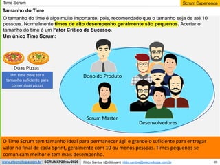 35
Scrum Experience
Rildo Santos (@rildosan) rildo.santos@etecnologia.com.br
www.etecnologia.com.br | SCRUMXP20nov2020
Time Scrum
O tamanho do time é algo muito importante, pois, recomendado que o tamanho seja de até 10
pessoas. Normalmente times de alto desempenho geralmente são pequenos. Acertar o
tamanho do time é um Fator Critico de Sucesso.
Tamanho do Time
Dono do Produto
Scrum Master
Um único Time Scrum:
Desenvolvedores
Duas Pizzas
O Time Scrum tem tamanho ideal para permanecer ágil e grande o suficiente para entregar
valor no final de cada Sprint, geralmente com 10 ou menos pessoas. Times pequenos se
comunicam melhor e tem mais desempenho.
Um time deve ter o
tamanho suficiente para
comer duas pizzas
 