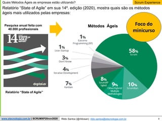 4
Scrum Experience
Rildo Santos (@rildosan) rildo.santos@etecnologia.com.br
www.etecnologia.com.br | SCRUMXP20nov2020
Quais Métodos Ágeis as empresas estão utilizando?
Métodos Ágeis
Relatório “State of Agile” em sua 14º. edição (2020), mostra quais são os métodos
ágeis mais utilizados pelas empresas:
Relatório “State of Agile”
Foco do
minicurso
Pesquisa anual feita com
40.000 profissionais
 