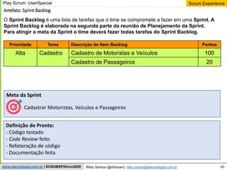 63
Scrum Experience
Rildo Santos (@rildosan) rildo.santos@etecnologia.com.br
www.etecnologia.com.br | SCRUMXP20nov2020
Artefato: Sprint Backlog
O Sprint Backlog é uma lista de tarefas que o time se compromete a fazer em uma Sprint. A
Sprint Backlog é elaborada na segunda parte da reunião de Planejamento da Sprint.
Para atingir a meta da Sprint o time deverá fazer todas tarefas do Sprint Backlog.
Prioridade Tema Descrição do Item Backlog Pontos
Alta Cadastro Cadastro de Motoristas e Veículos 100
Cadastro de Passageiros 20
Play Scrum: UserSpecial
Meta da Sprint
Definição de Pronto:
- Código testado
- Code Review feito
- Refatoração de código
- Documentação feita
Cadastrar Motoristas, Veículos e Passageiros
 