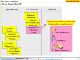 76
Scrum Experience
Rildo Santos (@rildosan) rildo.santos@etecnologia.com.br
www.etecnologia.com.br | SCRUMXP20nov2020
Scrum Board: Sprint #1
Sprint Backlog* Em Execução Concluído
Play Scrum: UserSpecial
Cadastrar
Motorista
Cadastrar
Documentos do
Motorista
Cadastrar
Veículo
Cadastrar
Documentos do
Veículo
Cadastrar
Passageiro
Cadastrar
Necessidades
Especiais
Problemas no
software de
testes
Quem responsável por remover
(resolver) os impedimentos?
( ) Scrum Master
( ) Dono do Produto
( ) Desenvolvedores
 