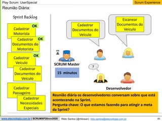 85
Scrum Experience
Rildo Santos (@rildosan) rildo.santos@etecnologia.com.br
www.etecnologia.com.br | SCRUMXP20nov2020
Desenvolvedor
?
Sprint Backlog
SCRUM Master
Play Scrum: UserSpecial
Cadastrar
Motorista
Cadastrar
Documentos do
Motorista
Cadastrar
Veículo
Cadastrar
Documentos do
Veículo
Cadastrar
Passageiro
Cadastrar
Necessidades
Especiais
Reunião Diária:
OK
15 minutos
OK
OK
Cadastrar
Documentos do
Veículo
Escanear
Documentos do
Veículo
Reunião diária os desenvolvedores conversam sobre que está
acontecendo na Sprint.
Pergunta chave: O que estamos fazendo para atingir a meta
da Sprint?
 
