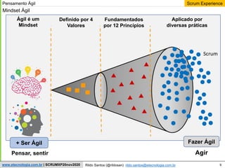 9
Scrum Experience
Rildo Santos (@rildosan) rildo.santos@etecnologia.com.br
www.etecnologia.com.br | SCRUMXP20nov2020
Ágil é um
Mindset
Definido por 4
Valores
Fundamentados
por 12 Princípios
Aplicado por
diversas práticas
+ Ser Ágil Fazer Ágil
Mindset Ágil
Pensar, sentir Agir
Pensamento Ágil
Scrum
 