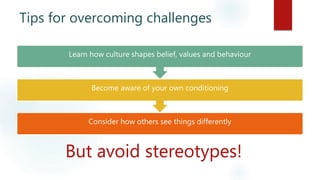Consider how others see things differently
Become aware of your own conditioning
Learn how culture shapes belief, values a...