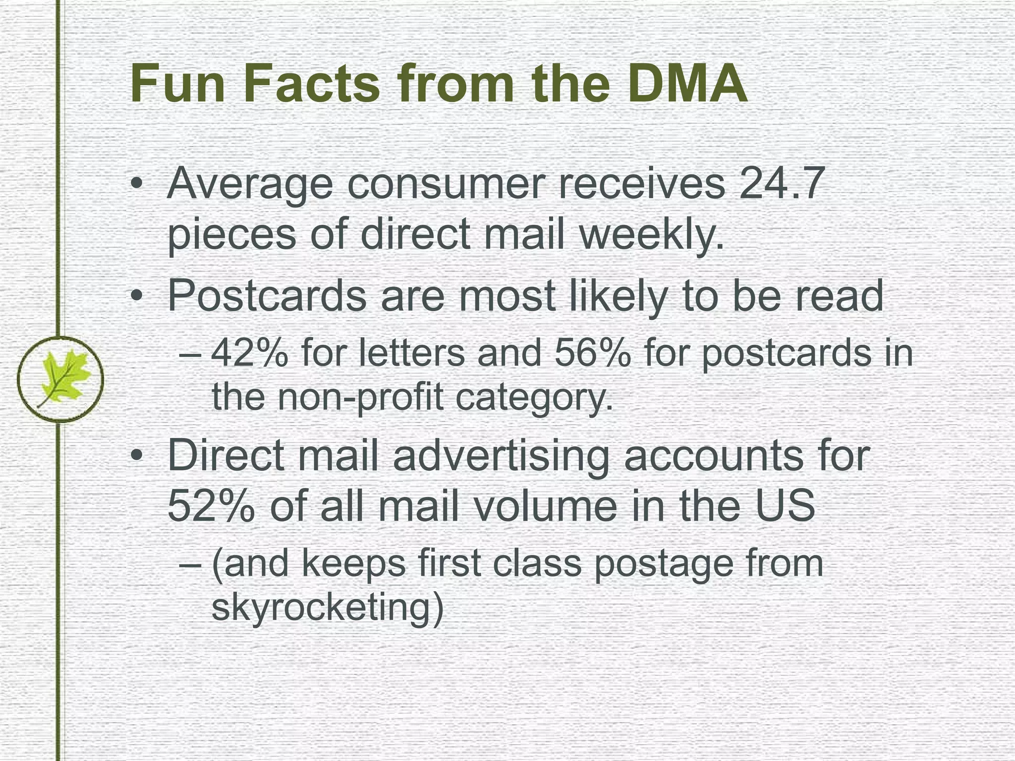 Fun Facts from the DMA Average consumer receives 24.7 pieces of direct mail weekly. Postcards are most likely to be read 42% for letters and 56% for postcards in the non-profit category. Direct mail advertising accounts for 52% of all mail volume in the US  (and keeps first class postage from skyrocketing) 