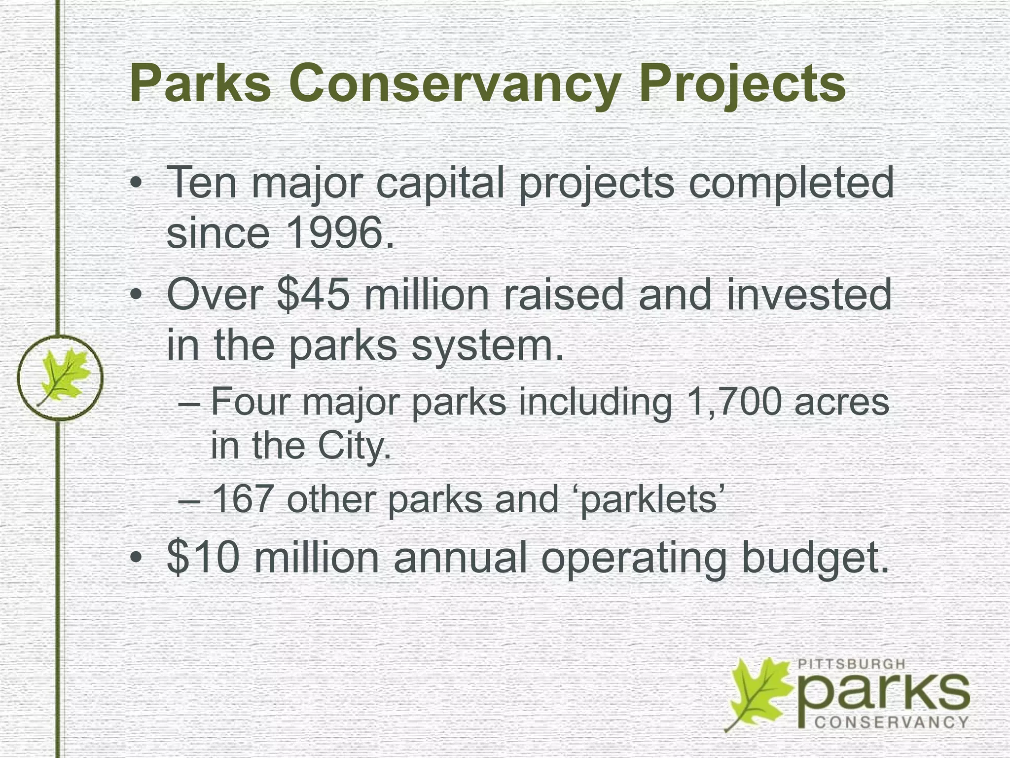 Parks Conservancy Projects Ten major capital projects completed since 1996. Over $45 million raised and invested in the parks system. Four major parks including 1,700 acres in the City. 167 other parks and ‘parklets’ $10 million annual operating budget. 