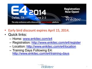 3
•  Early&bird&discount&expires&April&15,&2014.
•  Quick links:
–  Home: www.enkitec.com/e4
–  Registration: http://www.enkitec.com/e4/register
–  Location: http://www.enkitec.com/e4/location
–  Training Days Following E4:
http://www.enkitec.com/e4/training-days
 