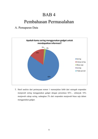 8
BAB 4
Pembahasan Permasalahan
A. Pemaparan Data
1. Hasil analisis dari pertanyaan nomor 1 menunjukan lebih dari setengah responden
menjawab sering menggunakan gadget dengan persentase 82% , sebanyak 16%
menjawab cukup sering, sedangkan 2% dari responden menjawab biasa saja dalam
menggunakan gadget.
82%
16%
2%
0%
Apakah kamu sering menggunakan gadget untuk
mendapatkan informasi?
Sering
Cukup sering
Biasa saja
Jarang
Tidak pernah
 