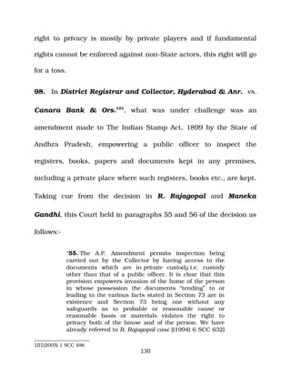 right to privacy is mostly by private players and if fundamental
rights cannot be enforced against non­State actors, this right will go
for a toss.
98. In District Registrar and Collector, Hyderabad & Anr. vs.
Canara Bank & Ors.101
, what was under challenge was an
amendment made to The Indian Stamp Act, 1899 by the State of
Andhra Pradesh, empowering a public officer to inspect the
registers, books, papers and documents kept in any premises,
including a private place where such registers, books etc., are kept.
Taking cue from the decision in R. Rajagopal and Maneka
Gandhi, this Court held in paragraphs 55 and 56 of the decision as
follows:­
“55. The A.P. Amendment permits inspection being
carried out by the Collector by having access to the
documents which are in private custody i.e. custody
other than that of a public officer. It is clear that this
provision empowers invasion of the home of the person
in whose possession the documents “tending” to or
leading to the various facts stated in Section 73 are in
existence and Section 73 being one without any
safeguards as to probable or reasonable cause or
reasonable basis or materials violates the right to
privacy both of the house and of the person. We have
already referred to R. Rajagopal case [(1994) 6 SCC 632]
101(2005) 1 SCC 496
130
 