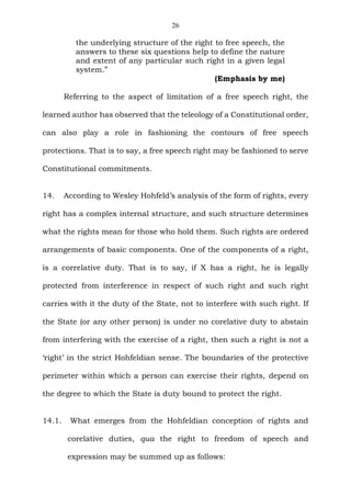 26
the underlying structure of the right to free speech, the
answers to these six questions help to define the nature
and extent of any particular such right in a given legal
system.”
(Emphasis by me)
Referring to the aspect of limitation of a free speech right, the
learned author has observed that the teleology of a Constitutional order,
can also play a role in fashioning the contours of free speech
protections. That is to say, a free speech right may be fashioned to serve
Constitutional commitments.
14. According to Wesley Hohfeld’s analysis of the form of rights, every
right has a complex internal structure, and such structure determines
what the rights mean for those who hold them. Such rights are ordered
arrangements of basic components. One of the components of a right,
is a correlative duty. That is to say, if X has a right, he is legally
protected from interference in respect of such right and such right
carries with it the duty of the State, not to interfere with such right. If
the State (or any other person) is under no corelative duty to abstain
from interfering with the exercise of a right, then such a right is not a
‘right’ in the strict Hohfeldian sense. The boundaries of the protective
perimeter within which a person can exercise their rights, depend on
the degree to which the State is duty bound to protect the right.
14.1. What emerges from the Hohfeldian conception of rights and
corelative duties, qua the right to freedom of speech and
expression may be summed up as follows:
 